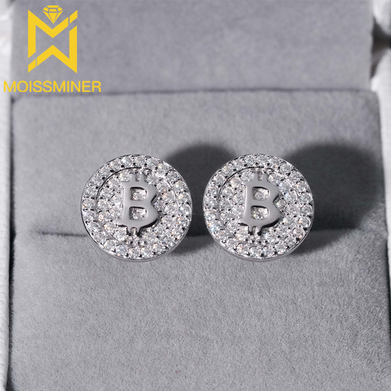 12mm Bitcoin S925 Silver Moissanite Triple Sta Earrings Iced Out For Men Women Hip Hop Jewelry Pass Diamonds Tester With GRA