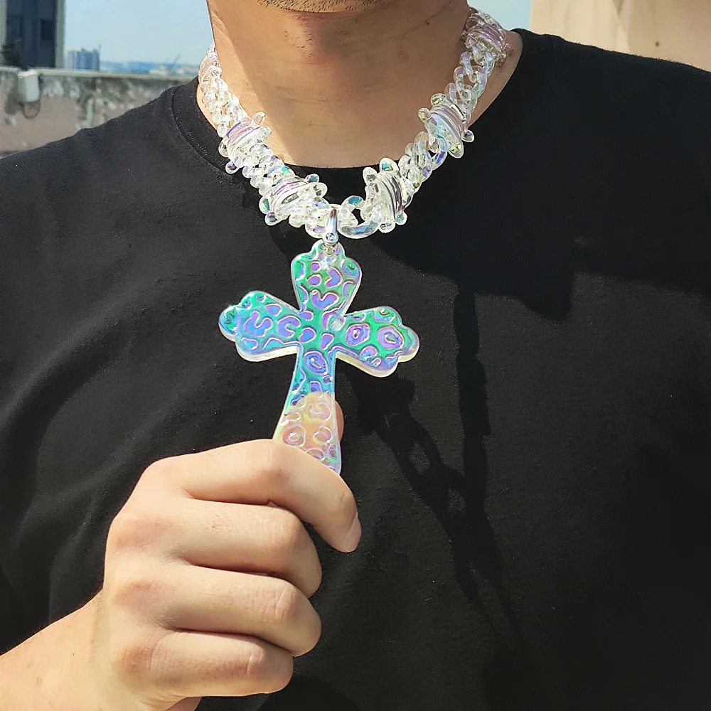 Trendy Acrylic Iridescent Transparent Big Cross Pendant Necklace for Men Hiphop Brambles Wire Necklaces Fashion Male Jewelry250305