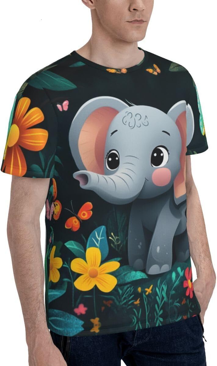 Mens T shirt Unisex Novelty Baby Elephant 3D Pattern Printed T-Shirts Cartoon Elephant Flowers Men Women Summer Casual Round Neck Tee cool