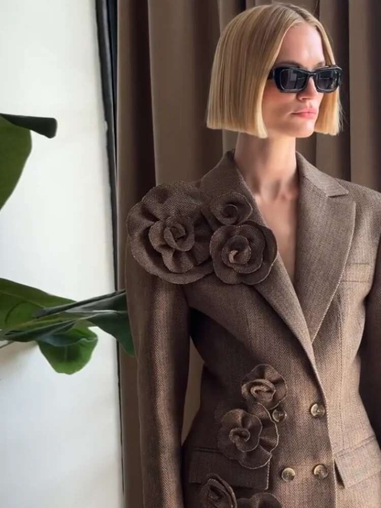 TWOTWINSTYLE Solid Spliced Appliques Slim Blazers For Women Notched Collar Long Sleeve Patchwork Button Chic Elegant Coat Female