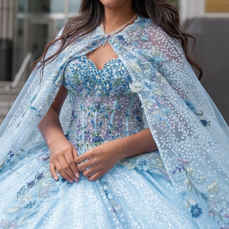 Sky Blue Shiny Quinceanera Dresses Ball Gown With Cape Lace Applique Beading Crystal Tull Corset Sweet 16 Vestido De 15 Anos
