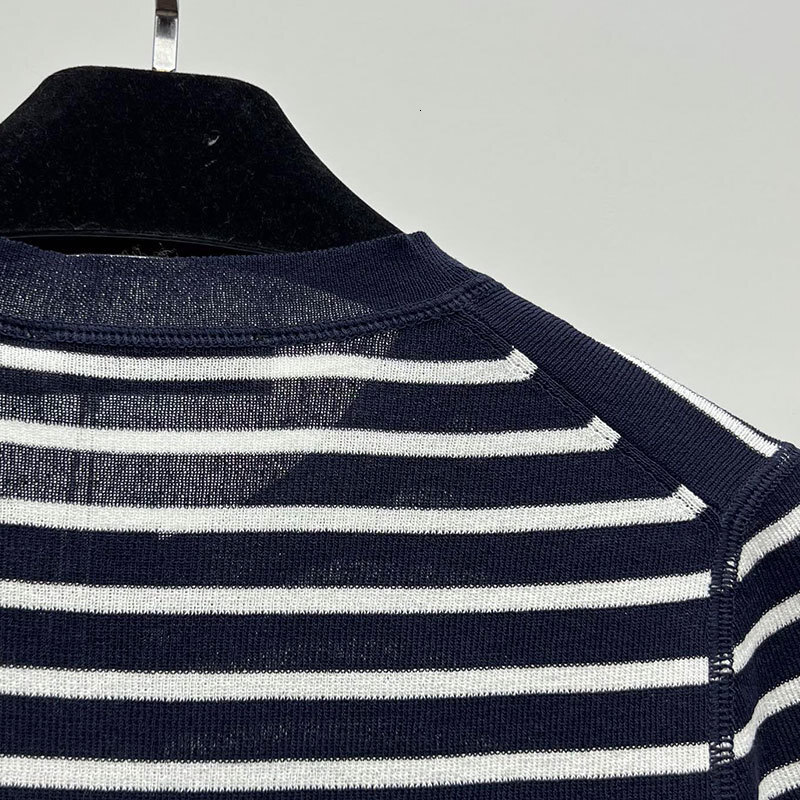 Women's Cashmere Striped Short Sleeve T-Shirt Designer Round Neck Button Detail Loose Fit Knit Tees Trendy Sexy Early Spring Fashion Luxury High-