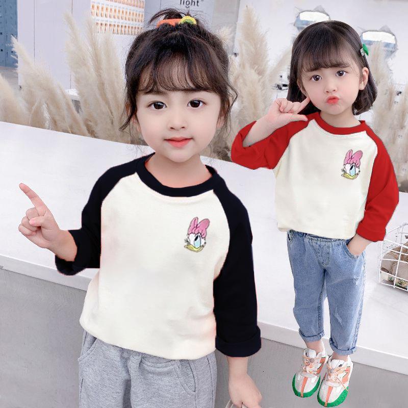 Ddmyshoesvip Girls Pure Cotton Color Contrast T Shirt Children S Western Style Top Korean Version Spring And Autumn Round Neck Girl Cute Bottom Shirt 