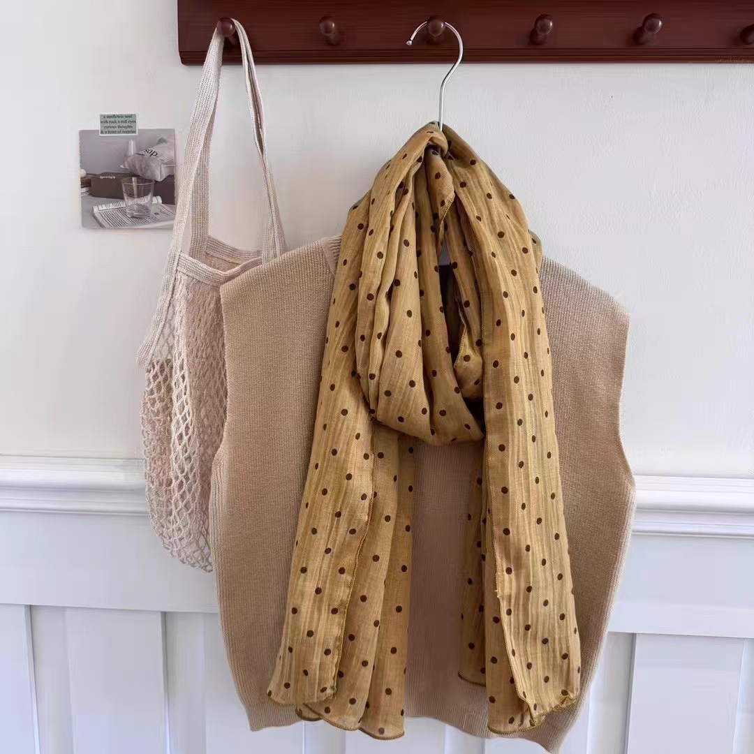 T274 Korean polka dot cotton and linen pleated scarf spring and autumn 2025 new thin literary long silk scarf neck