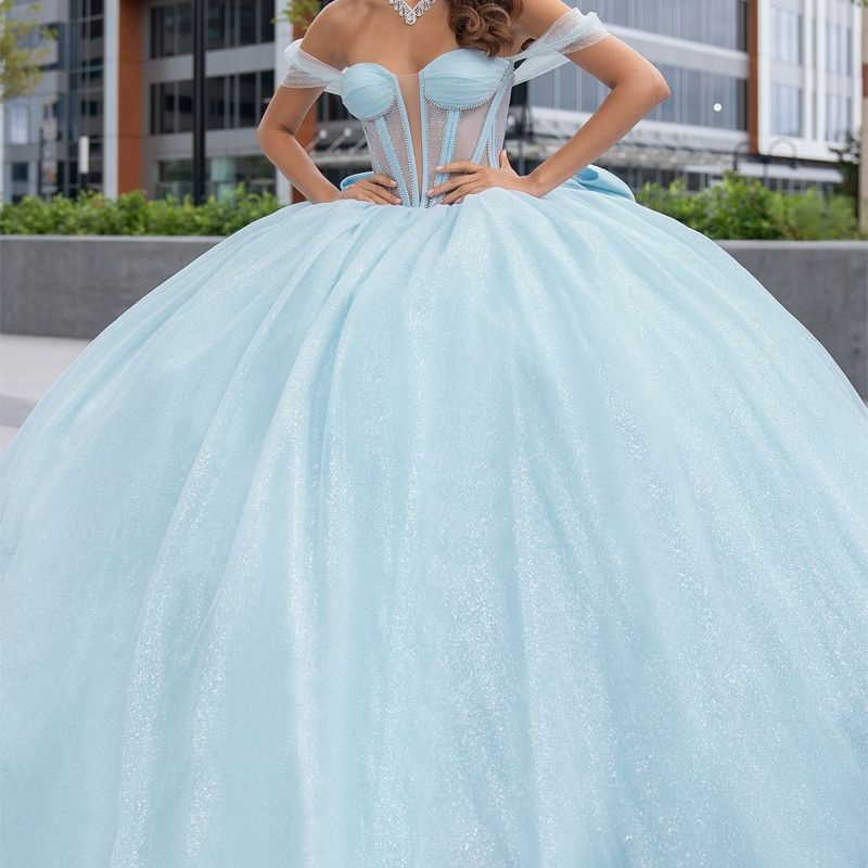 Luxury Glitter Sky Blue Quinceanera Dresses Ball Gown Off The Shoulder Sequins Beading Bow Tull Sweet 16 Dress Vestidos De 15 Anos