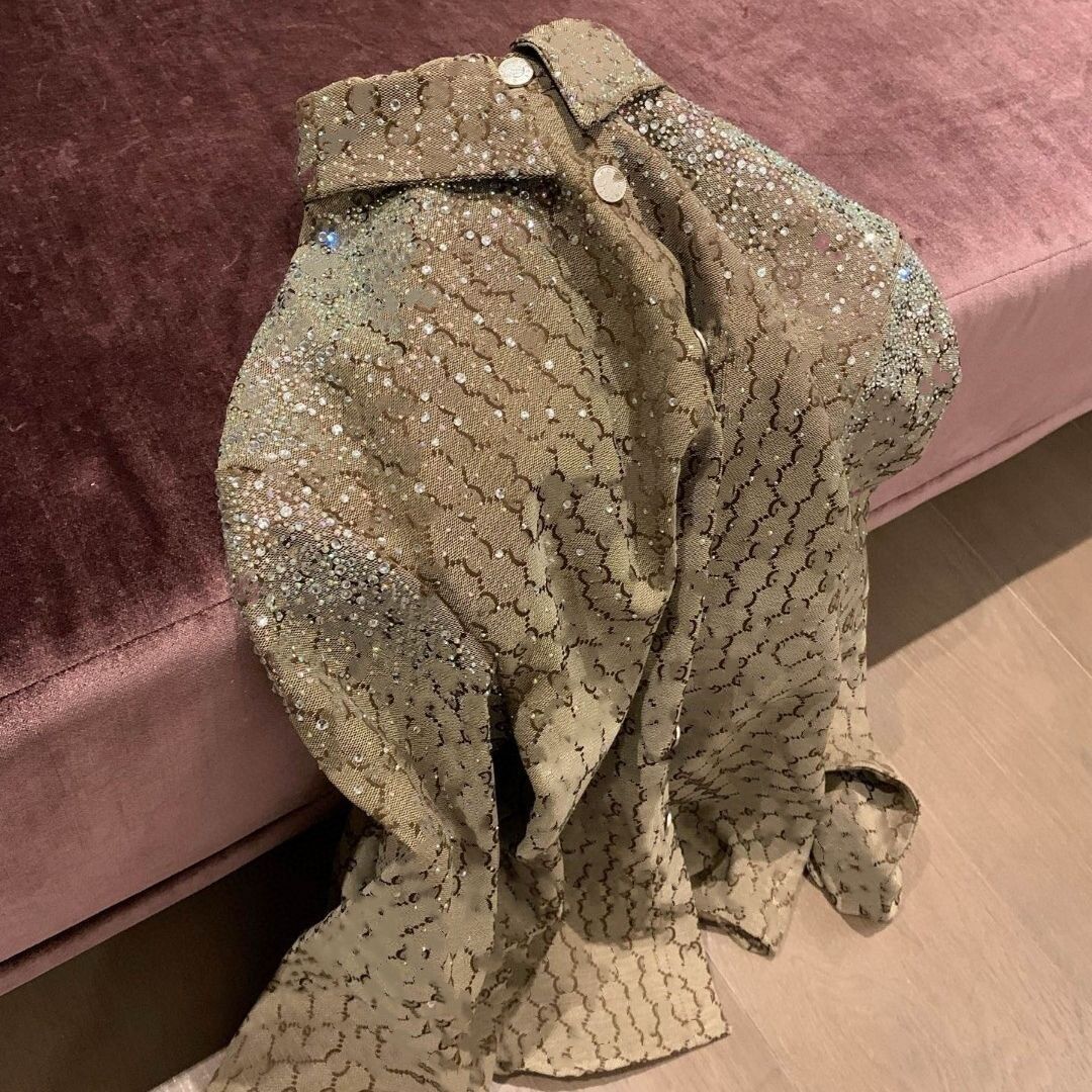 2025 New designer women loose rhinestone shirt logo jacquard khaki color thick high quality luxury blouse fashion coats SMLXL