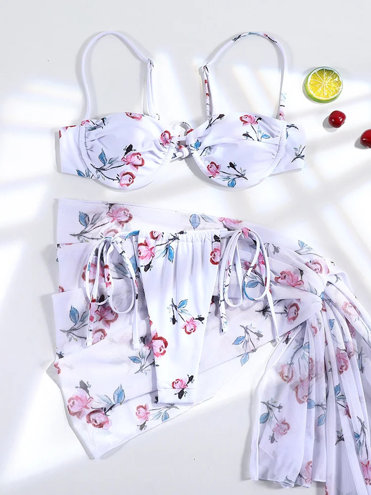 Miyouj String Bikini Womens Covered Swimsuit Flower Printed Bandage Sexy Biquini Fold 3Piece Set 250310
