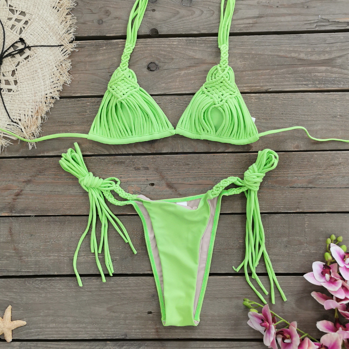 bandage strip Brazilian bikini swimsuit womens woven rope swimsuit two-piece set womens sexy unprinted beach wear summer 250109