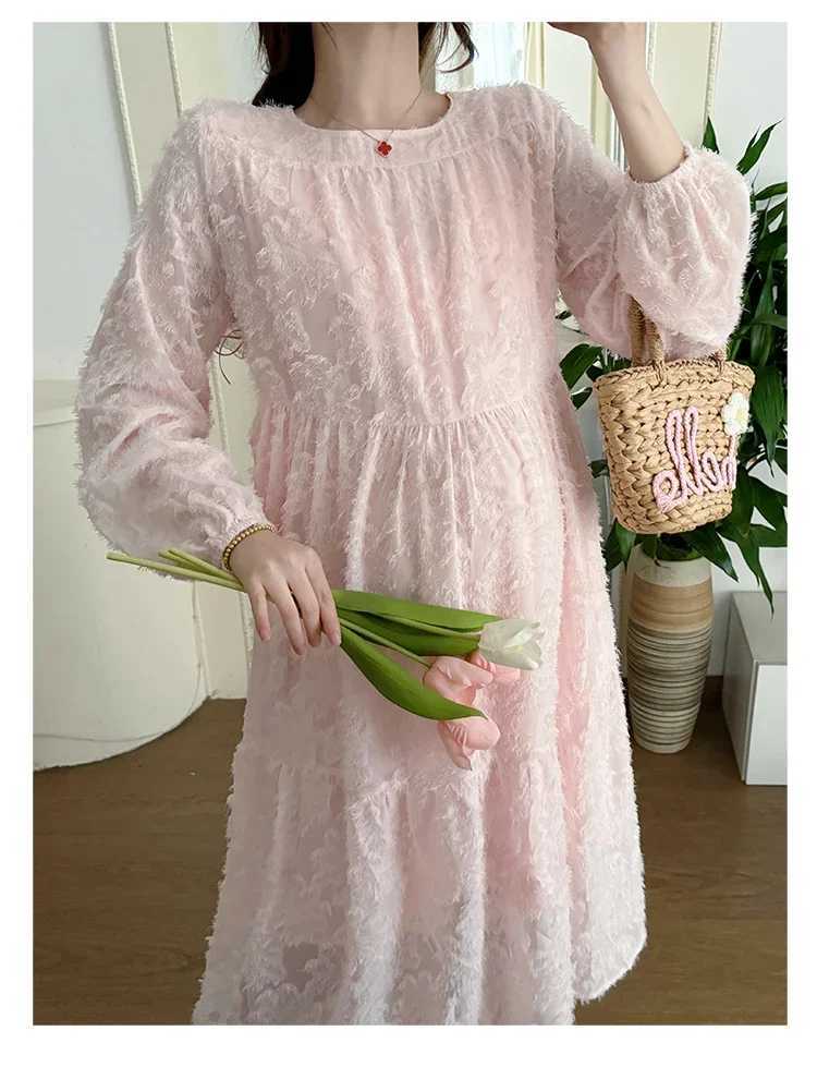 2025 Spring Maternity Chiffon Dress Long Lantern Sleeve O-neck Fashion Pregnant Woman Beach Dress Plus Size Pregnancy ClothesT250311