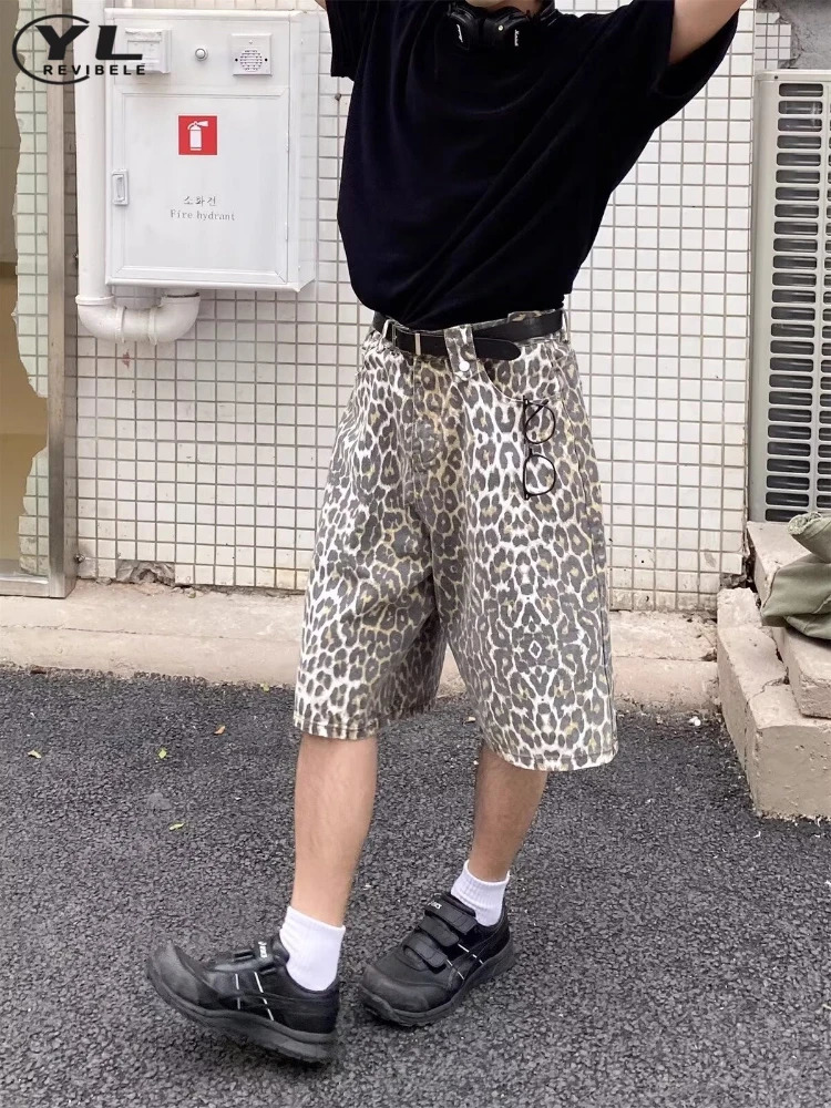 Retro leopard print wide leg jeans shorts mens hiphop bag Korean five point pants American casual straight denim 250312