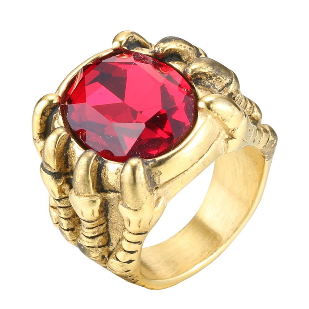 Retro Ice Colorful crystal Casting High Polished Dragon Claw Ring Stainless Steel Jewelry