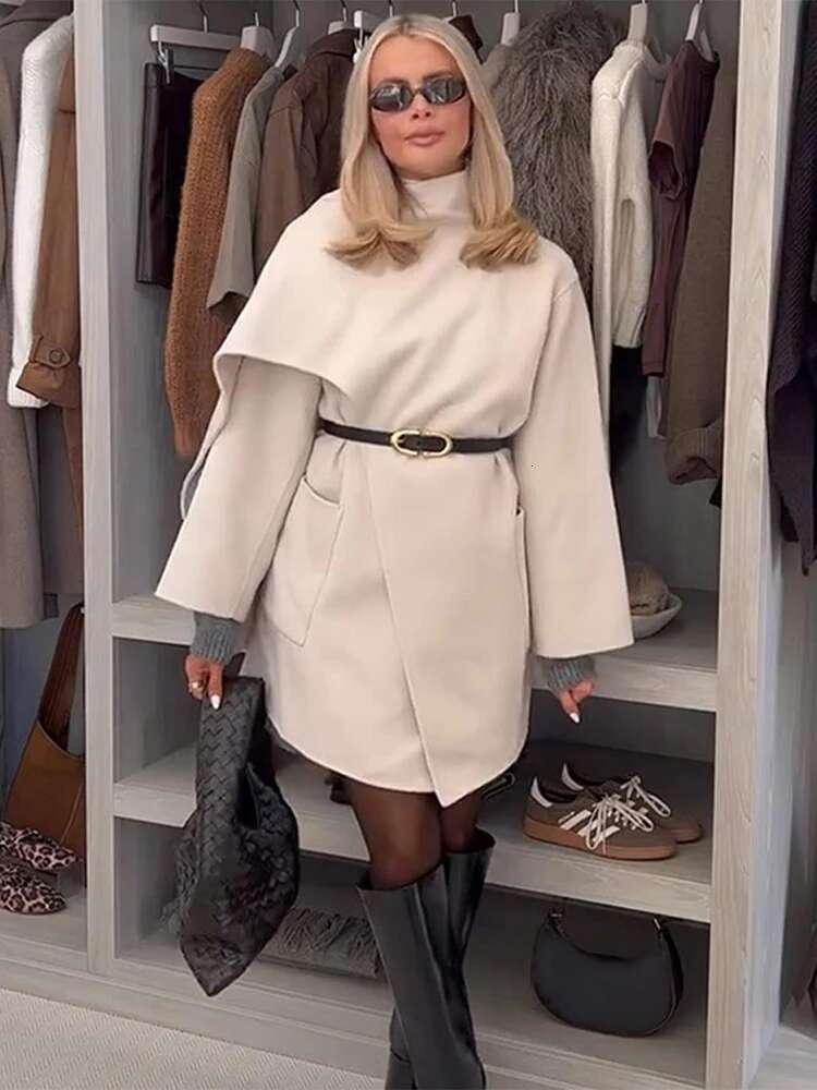 Scarf Collar Chic Woolen Coat Women Classic Loose Long Sleeve Thicken Warm Jacket Female 2024 Winter Pocket Street Outwear Top