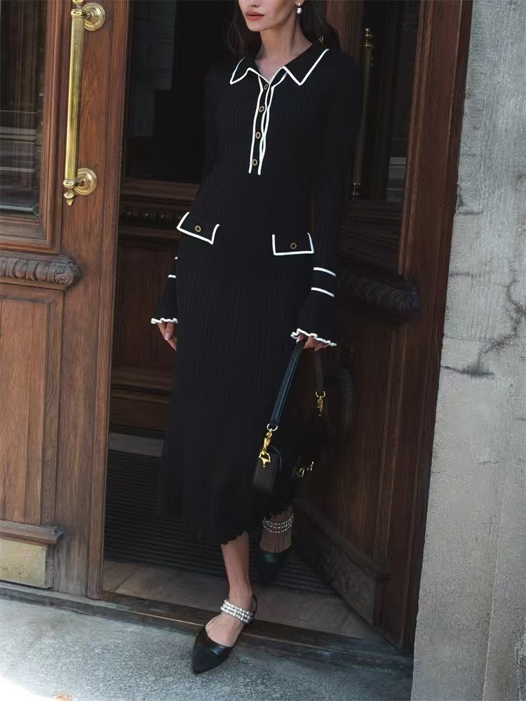 2025 fashionable lapel long sleeved ruffle button trimmed slim fit dress for women elegant slim fit knit skirt