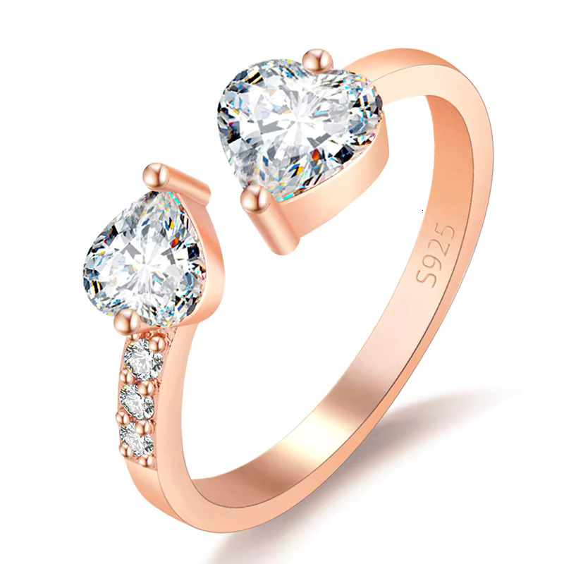 Women Mirco Pave Moissanite Diamond Ring Adjustable Silver Gold Plated Double Heart Cubic Zirconia Wedding Engagement Ring
