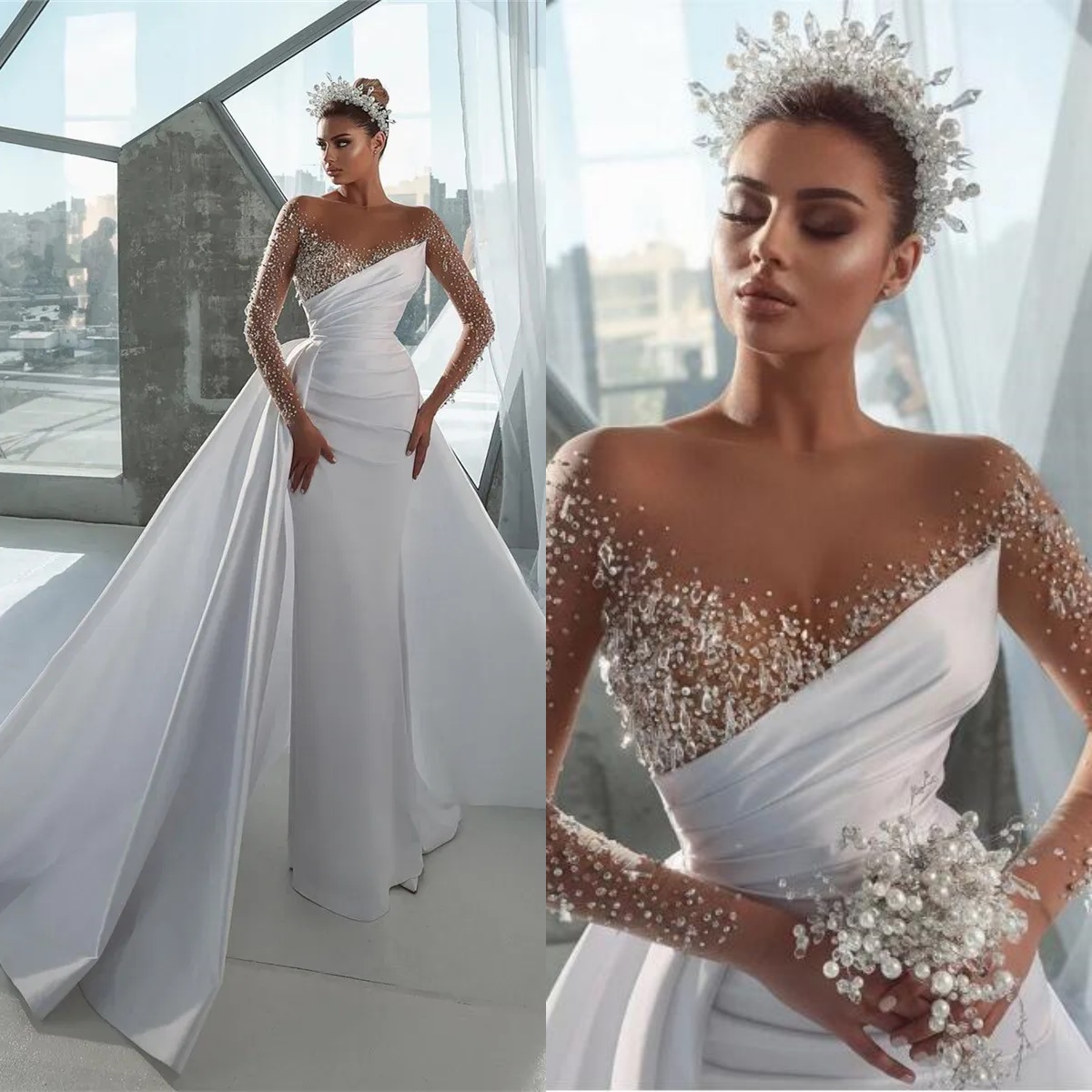 Luxury Mermaid Wedding Dress Beaded Crystal Lace O Neck Bride Gowns Long Sleeve Detachable Sweep Train Bridal Dresses Customized