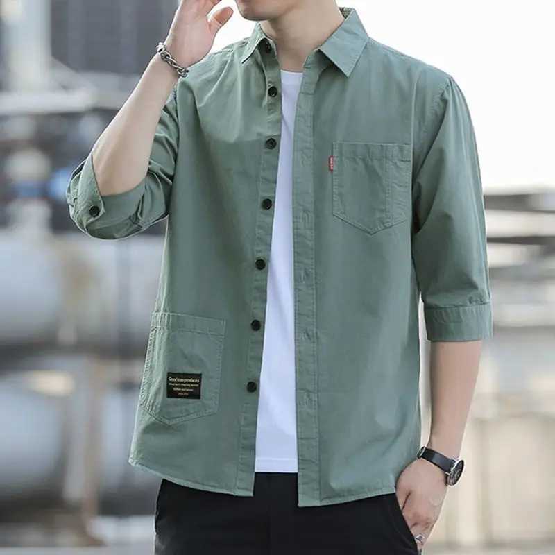 Business Casual Fashion Shirts Turn-down Collar Loose Handsome Three Quarter Sleeve Man Button Solid Pockets Mens Clothing 2023 W250312