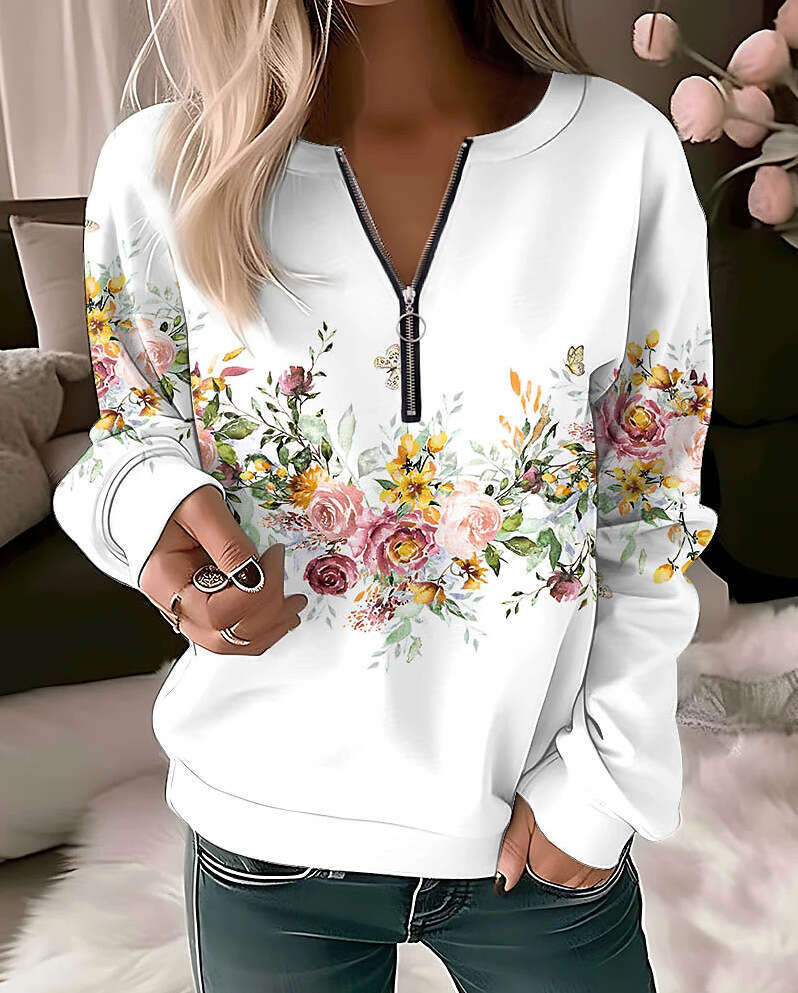 European American women's hot item printed V-neck long sleeved pullover loose hoodie new style chic and elegant clothing