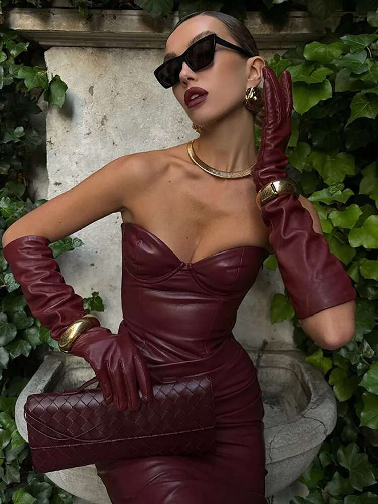 Women Bury Sexy Pu Leather Strapless Dress Fashion Backless Sleeveless Long Gown 2025 New Female Evening Party Prom Robe