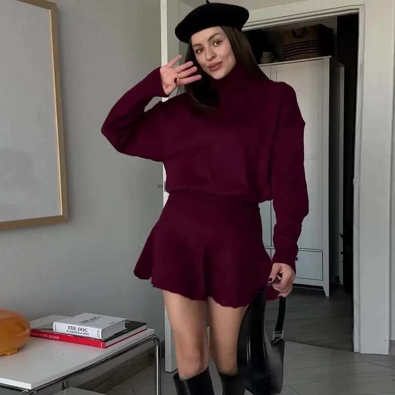 spring Knitted Skirt Suits Women Wine Red Turtleneck Long Sleeve Sweater +Pleated Mini Skirts 2 Pieces Set Female Chic Outfits