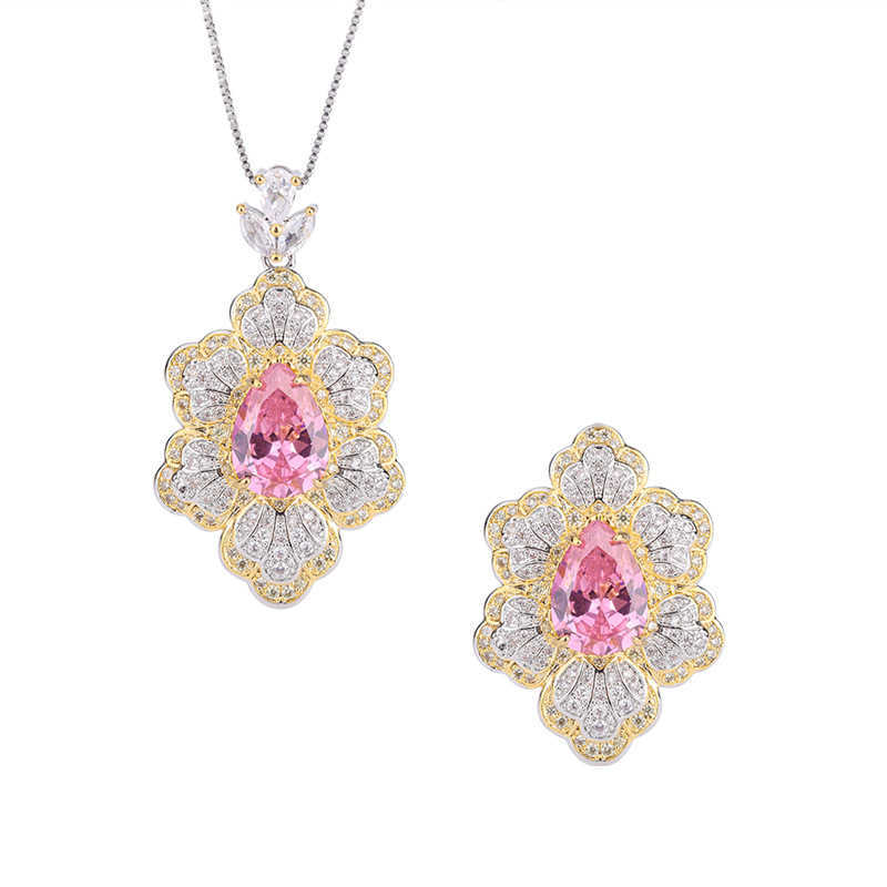 Zhuangsheng Copper Bottom Gold Plated Simulated Cherry Blossom Pink Diamond Creative Flower Shaped Full Diamond Luxury Set 10 * 14 W250312
