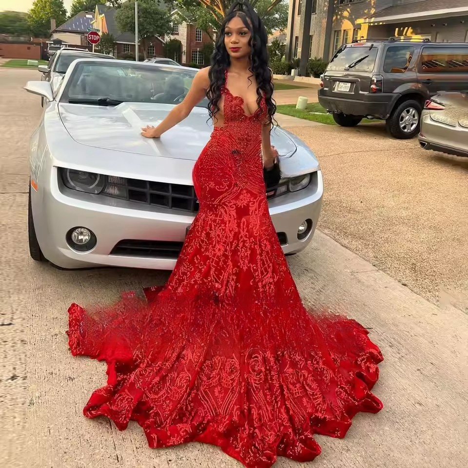 Customized Red Lace Mermaid Prom Dresses 2025 Sparkly Sequins Crystals Black Girls Evening Party Formal vestidos de gala