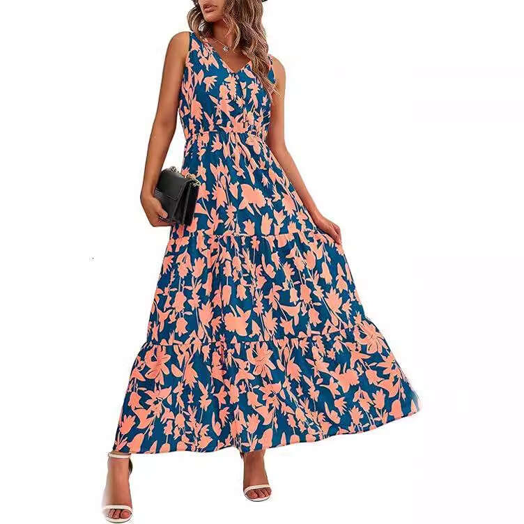 popular European American women's V-neck elastic waist casual sleeveless printed dress 2025 new style chic and elegant clothing
