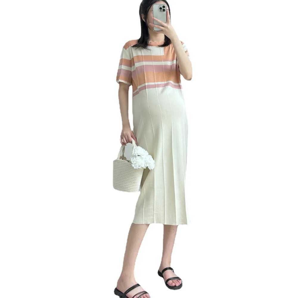 Korean Style Maternity Knit Dresses Summer Turn-down Collar Short Sleeve Block Color Striped Patchwork Pregnant Woman ClothesT250311