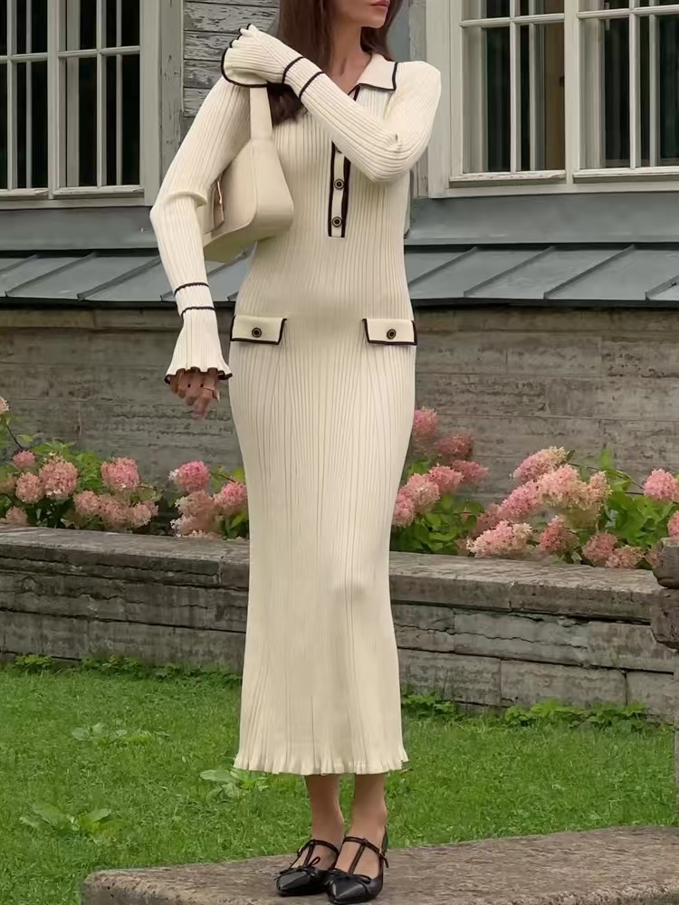 2025 fashionable lapel long sleeved ruffle button trimmed slim fit dress for women elegant slim fit knit skirt
