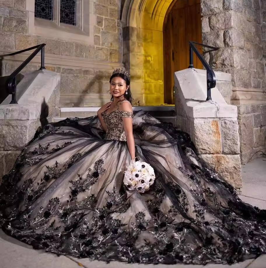 Black Chamapgne Gothic Quinceanera Dresses Off Shoulder 3D Applique vestidos de 15 quinceaneras Prom Sweet 16 Lace Up customsized