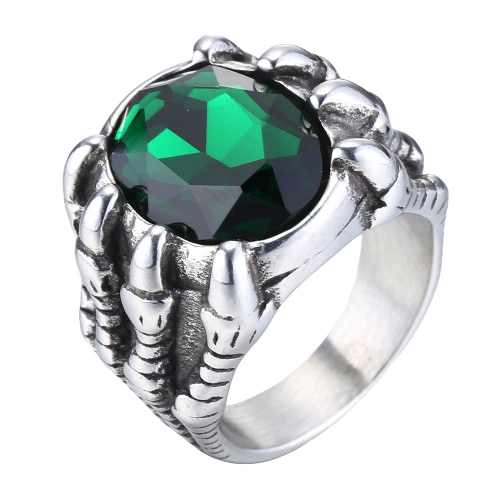 Retro Ice Colorful crystal Casting High Polished Dragon Claw Ring Stainless Steel Jewelry