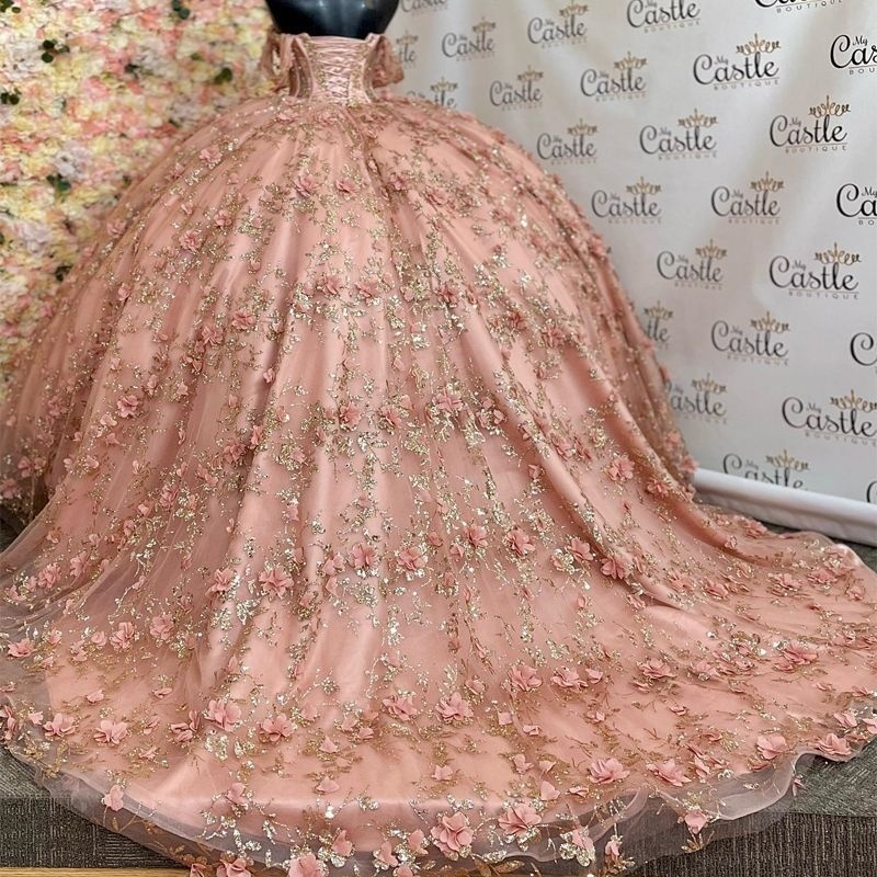 Pink Shiny Quinceanera Dresses Sweep 16 Dress Train Off Shoulder Gold Sequin Applique Lace Flower Beads Tull Formal Party Dress vestidos 15 de anos