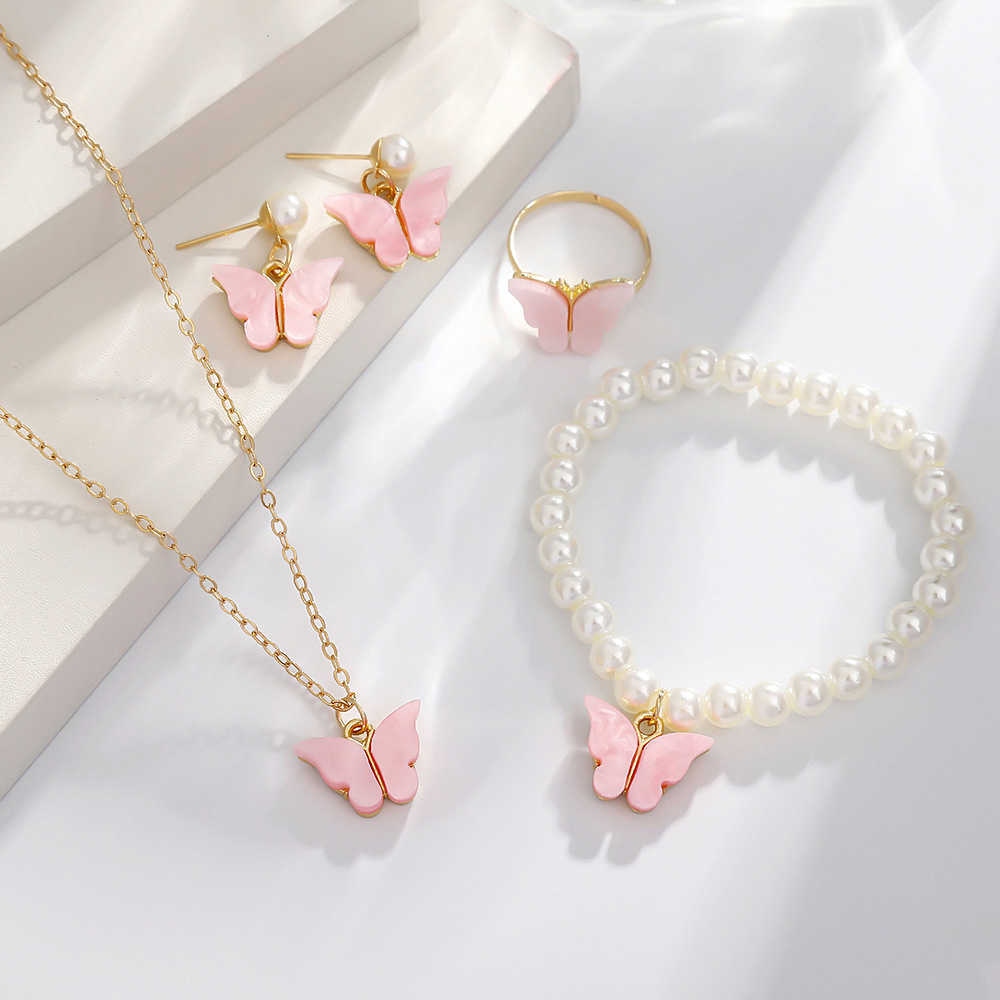 Drip Oil Butterfly Jewelry Set French Pearl Bracelet Popular Necklace Earrings Ring Accessories W250312