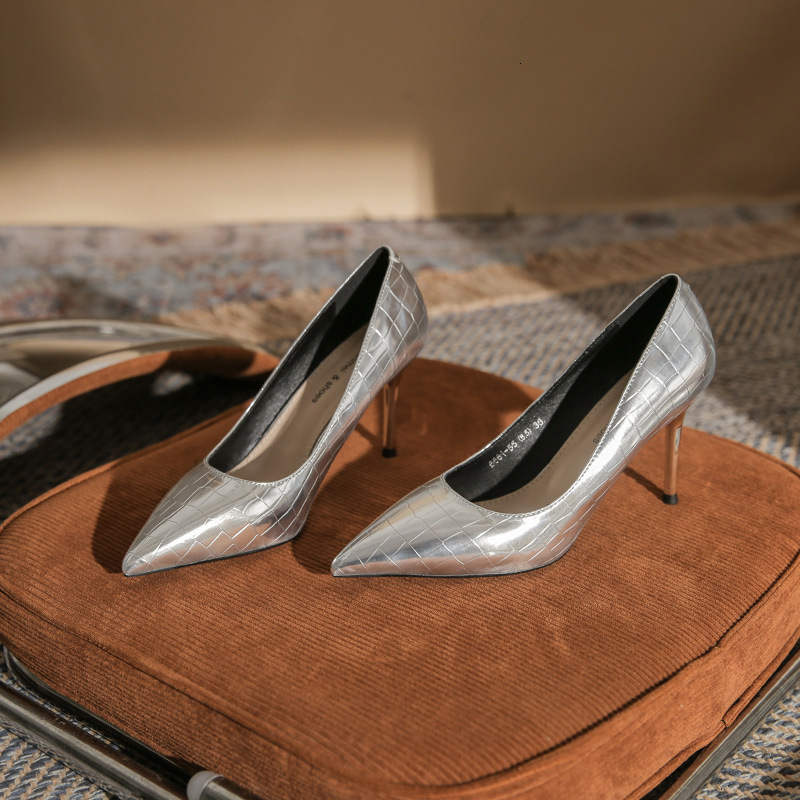 2025 Designer shoes Korean Checkered High Heels Women's Style Thin Heels, Shallow Mouth, Pointed Toe, Lacquer Leather, Silver Annual Meeting Styl