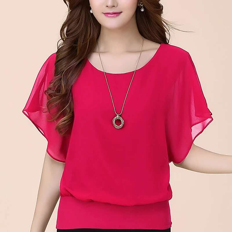 Chiffon Women Top Solid Color O Neck Loose Pullover Batwing Sleeve Ruffle Shirts Blouse Women's Clothing Casual Summertop
