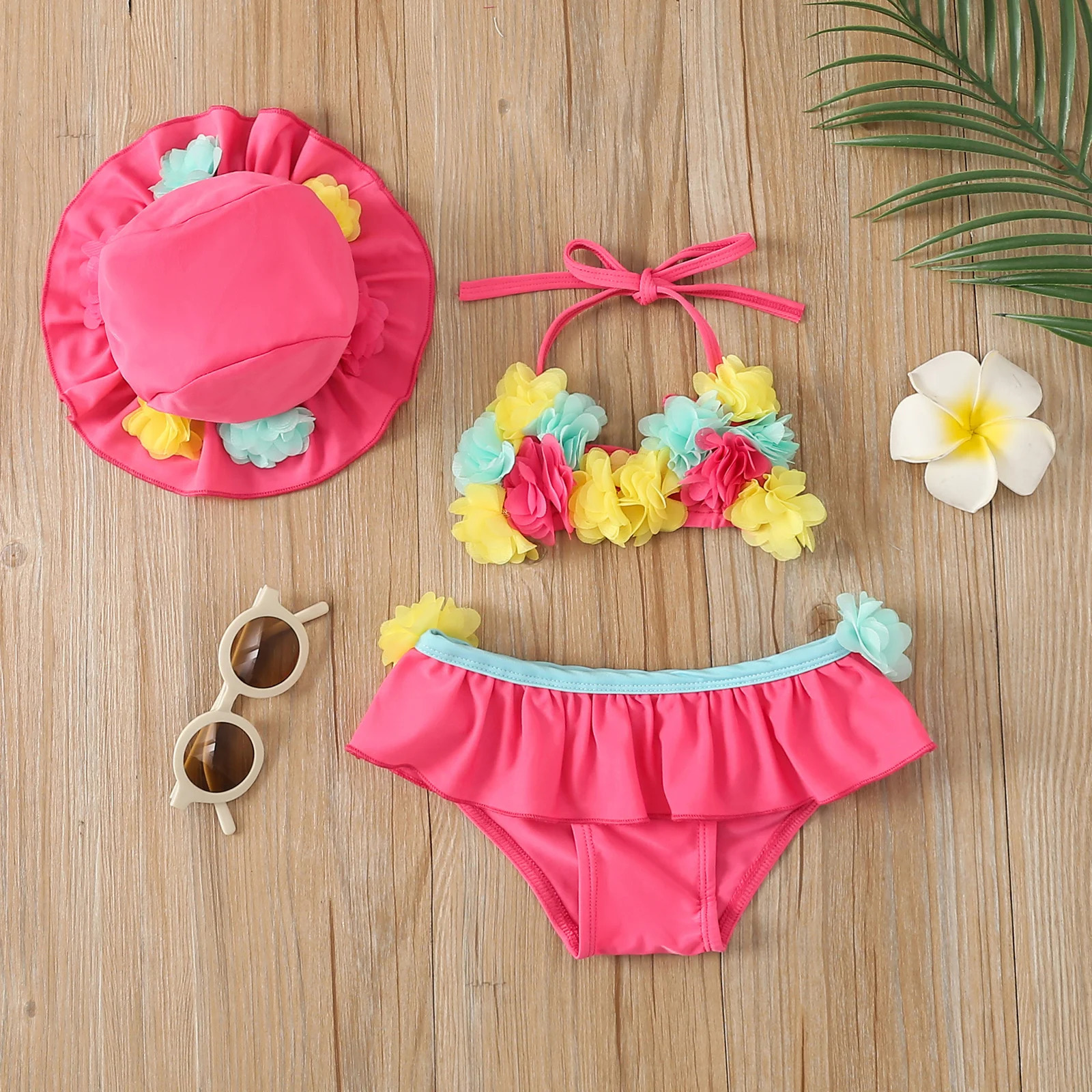 FOCUSNORM 0-24M Summer Cute Baby Girls Bikini Sets 3pcs Flowers Strap Sleeveless VestShorts Sun Hat Swimsuits 250311