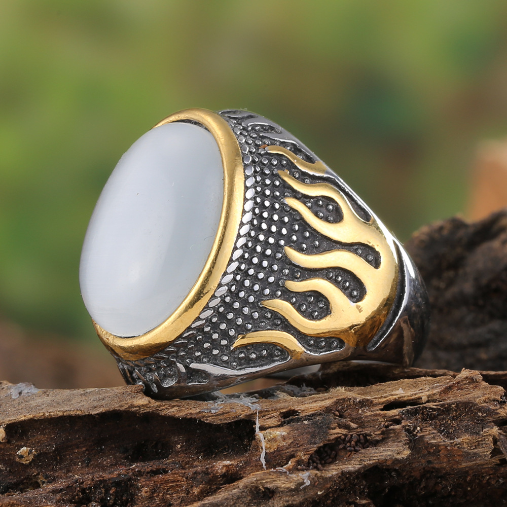 Hip Hop Vintage Big Stone Inlay Casting Ring Stainless Steel Gold Plated Mens Jewelry