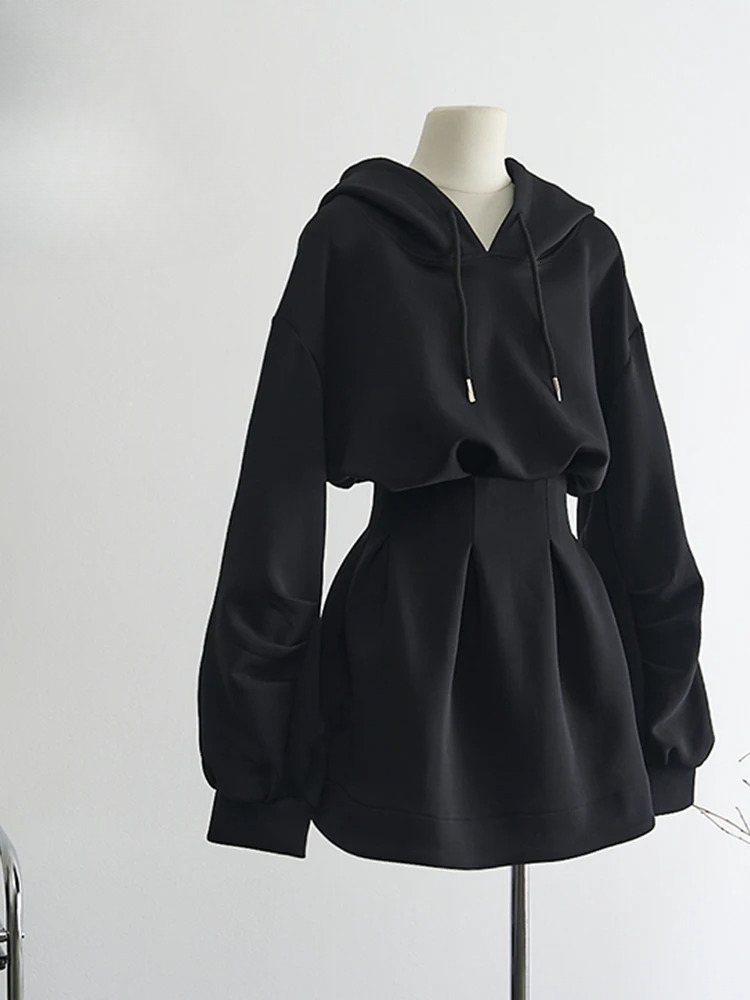 Autumn Winter Y2k Long Sleeve Midi Hoodies Dress Women 2000S Aesthetic Tunic Frocks Solid Color One-Piece Gyaru Dark Academia