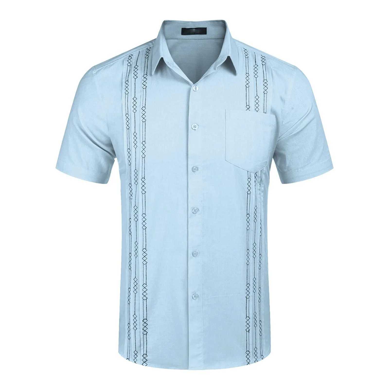 Mens short sleeved linen shirt Cuban beach top pocket Guayabera summer dress W250312