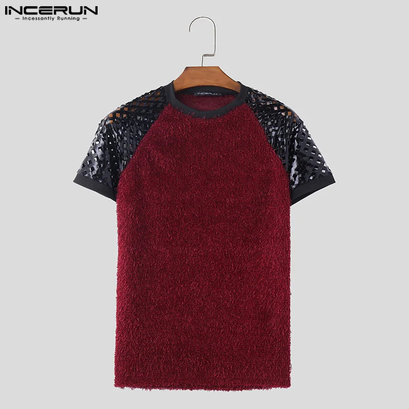 mens Tshirt hollow plush decal work Oneck short sleeved tee top summer fashion casual vest INCERUN 250312