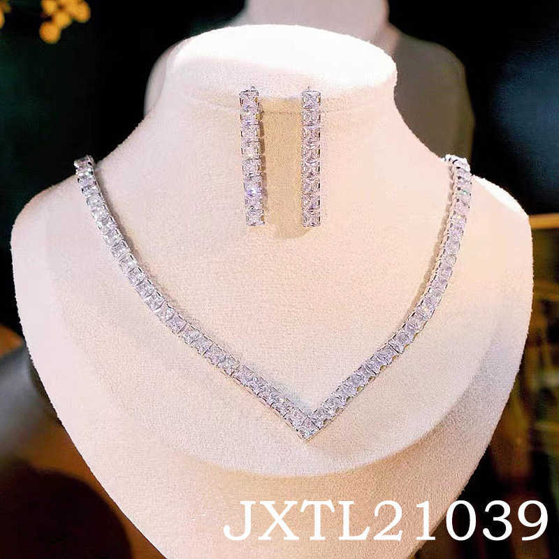 Jewelry Full Diamond Zircon Necklace Earring Set Chain Wedding Dress Jewelry Simple Set W250312