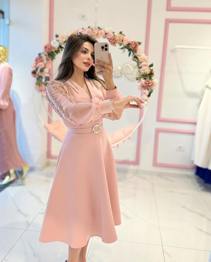 Pink Tea-length Saudi Evening Formal Dresses Long Sleeve Crystal Beaded Customsized Dubai Arabic Prom Occasion Gown 2025