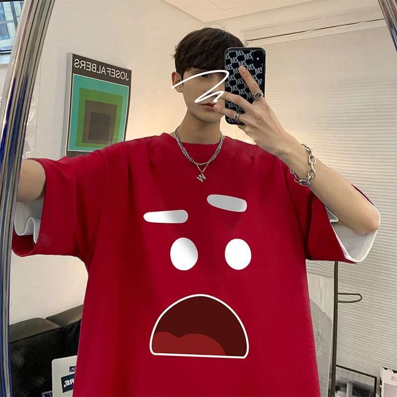 Korean Men's Cotton Oversized T-Shirts Mens T Shirt Casual Summer Wear Emote Fashion Print White Tee Shirts For Men Clothing