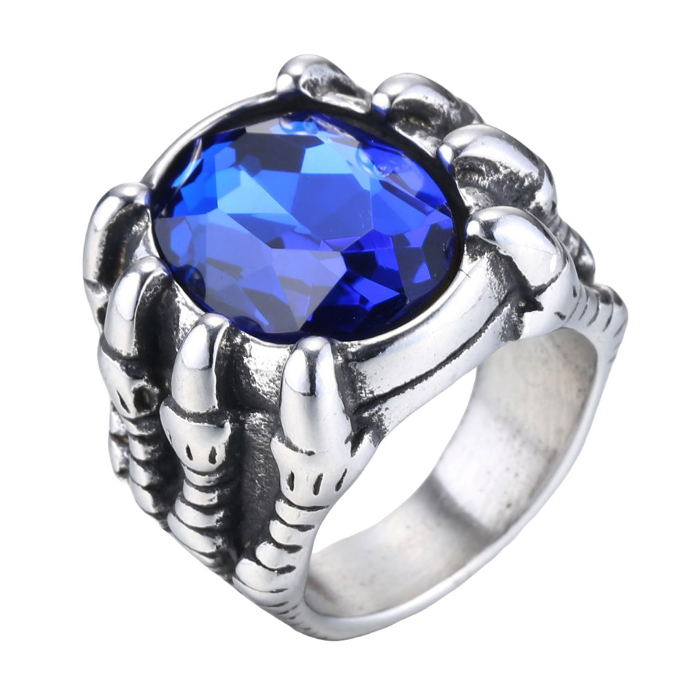 Retro Ice Colorful crystal Casting High Polished Dragon Claw Ring Stainless Steel Jewelry