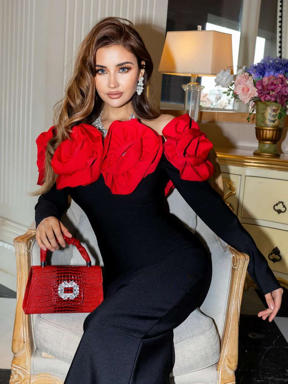 High Quality Winter Women Sleeve Red Rals Bodycon Long Bandage Celebrate Evening Party Birthday Fashion Dress