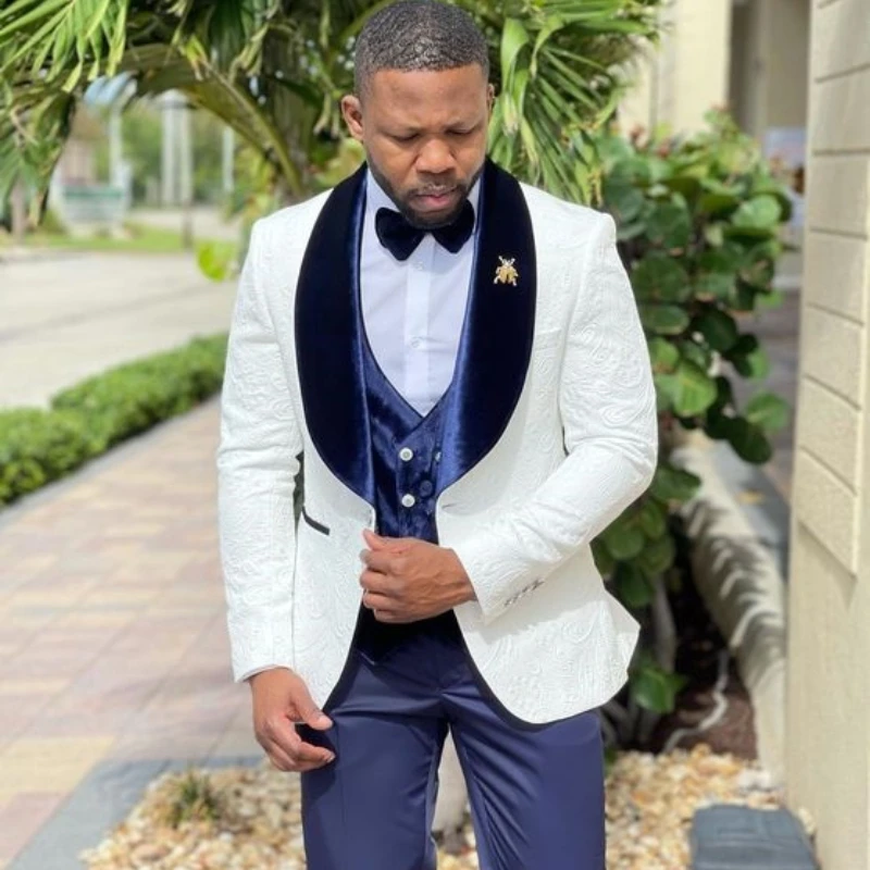Jacquard Men Suits for Wedding Slim Fit 3 Piece Floral Groom Tuxedos Formal Suit Party Blazer with Vest Pants Costume Homme 2025