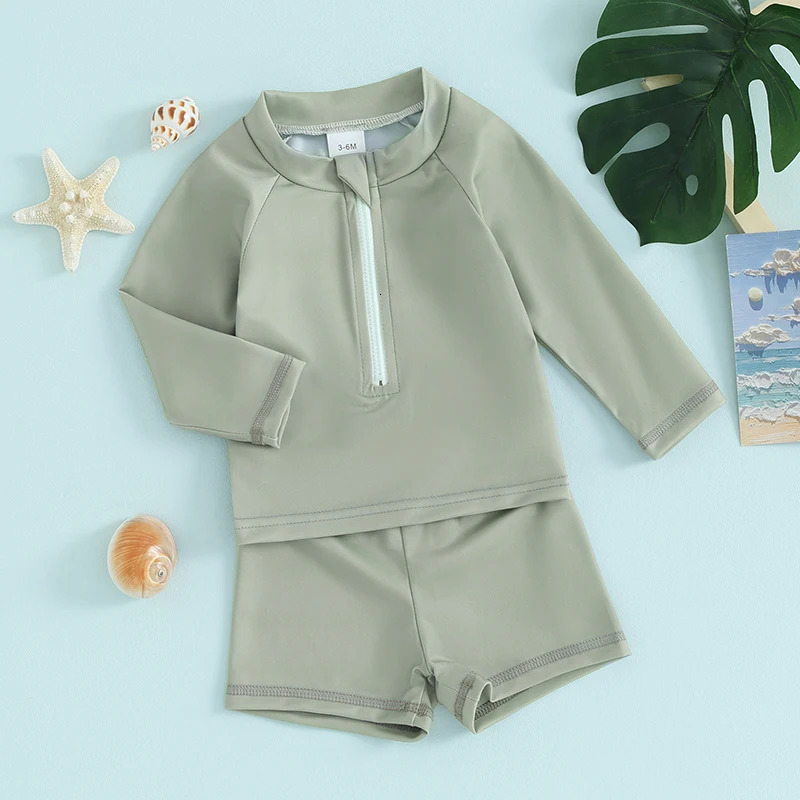 1-5years Kids Boys And Girls 2 Piece Swimwear Set Front Zipper Long Sleeve Swimsuit Swim Shorts Infant Kids Bathing Suits 250311