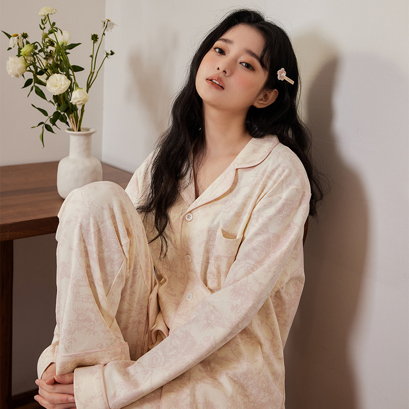 B774-Gentle oil painting style Class A antibacterial and anti-mite pure cotton pajamas for women Spring new tie-dye pink long-sleeved home suit