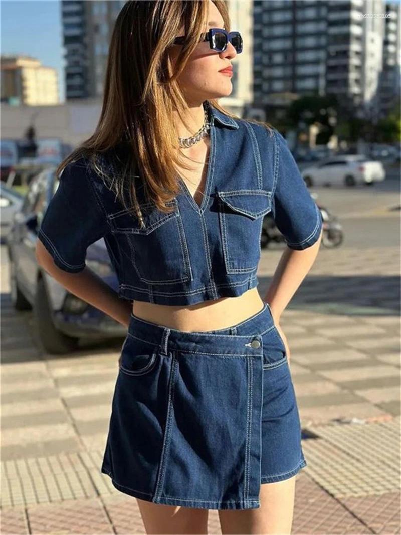 Women's Tracksuits Fashion Denim 2 Piece Sets Women Outfit Summer Clothes 2025 Jean Crop Top Irregular Hem Shorts Skirts Dress