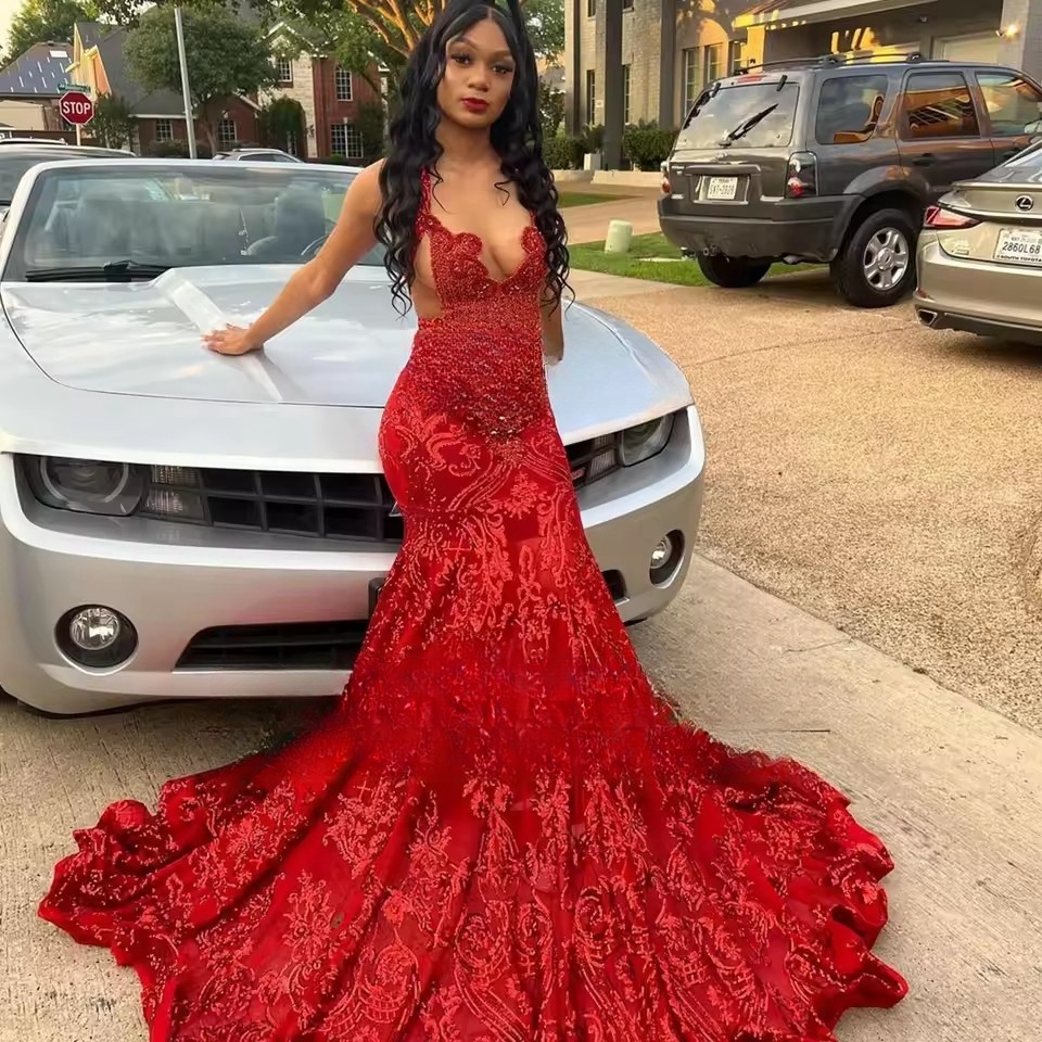 Customized Red Lace Mermaid Prom Dresses 2025 Sparkly Sequins Crystals Black Girls Evening Party Formal vestidos de gala
