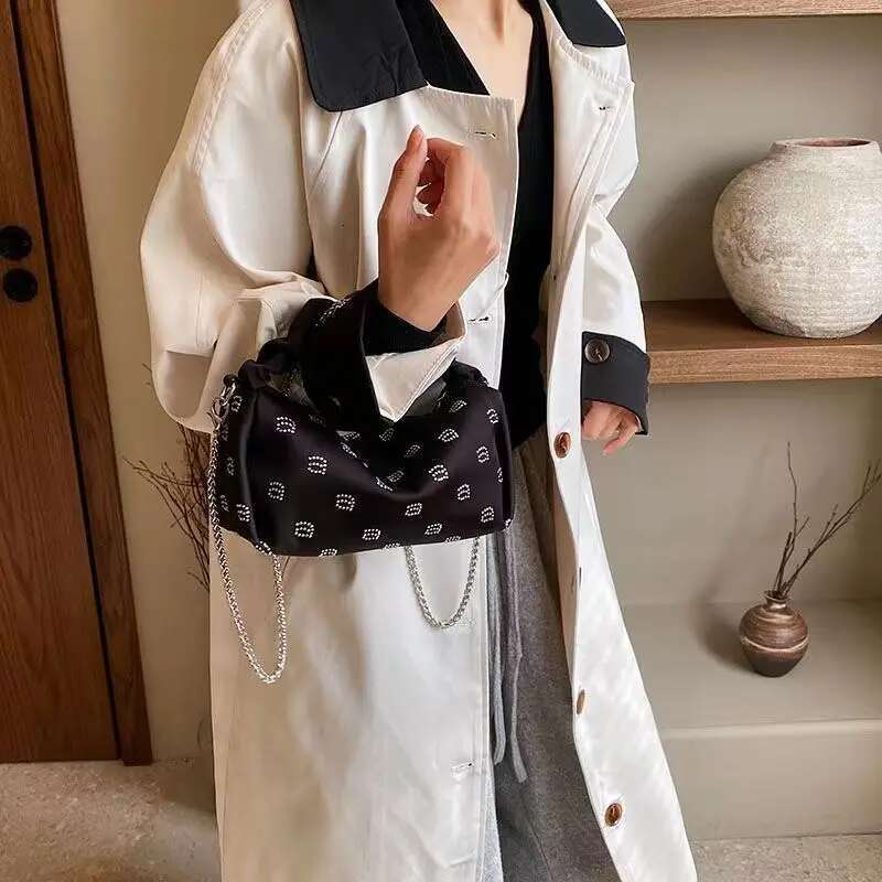 New Pure Black Satin Shiny Chain Mini Handbag Fashion Designer Women s Shoulder Crossbody Bag Trendy Wallet Cosmetics Shopping Bag 2025S New